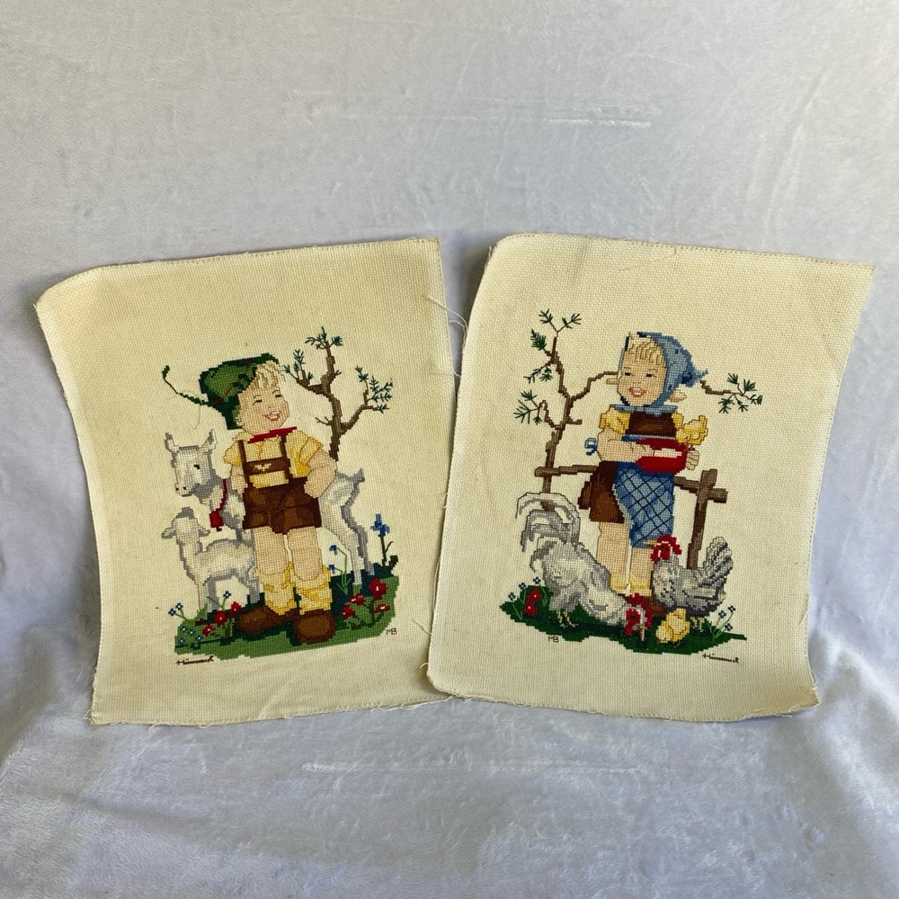 Vintage Set of 2 Handmade Needlepoint Cross-Stitch Hummel Farm Boy Girl No Frame